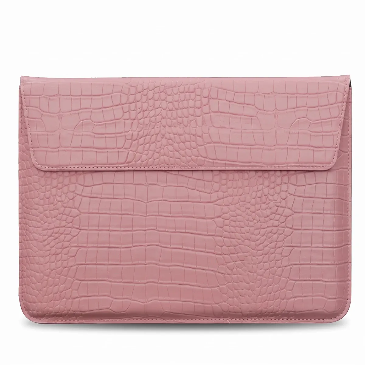 Pochette ordinateur fine CrocoTilt rose grainé crocodile, protection antichoc ordinateur, pochette pour macbook élégante pour femmes.