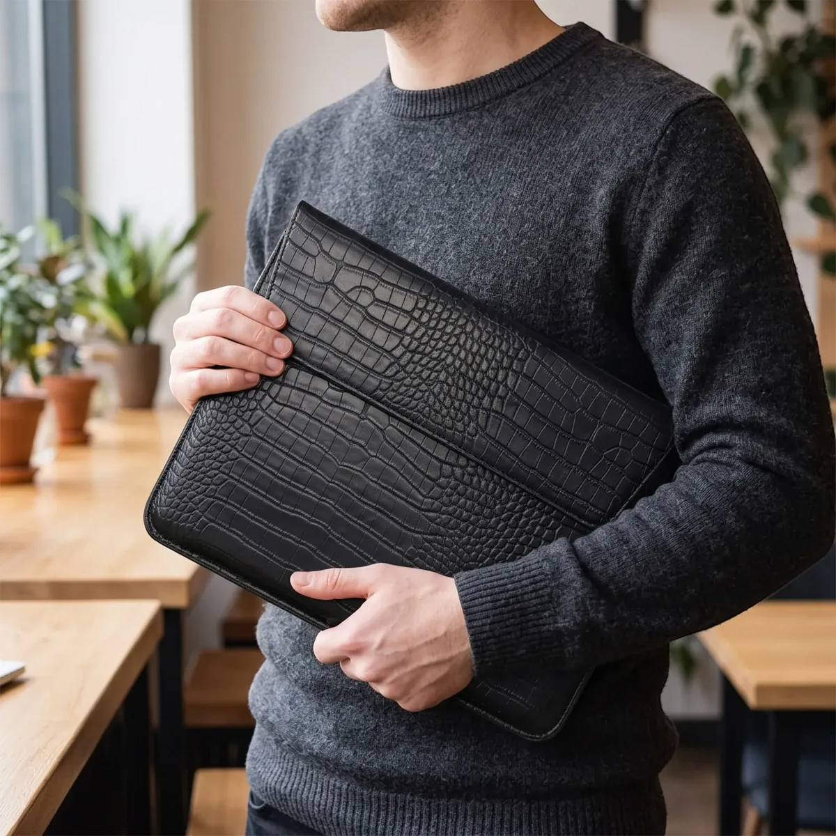 Pochette ordinateur fine CrocoTilt portée par un homme dans un café, protection nomade ergonomique pour travailler n'importe où.