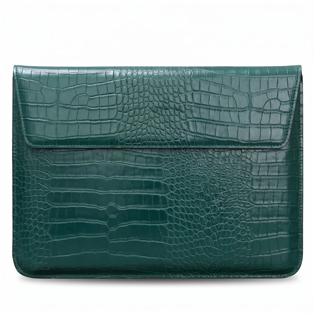 Pochette ordinateur fine CrocoTilt verte grainé crocodile, bagage professionnel minimaliste, pochette fine ordinateur de qualité premium.