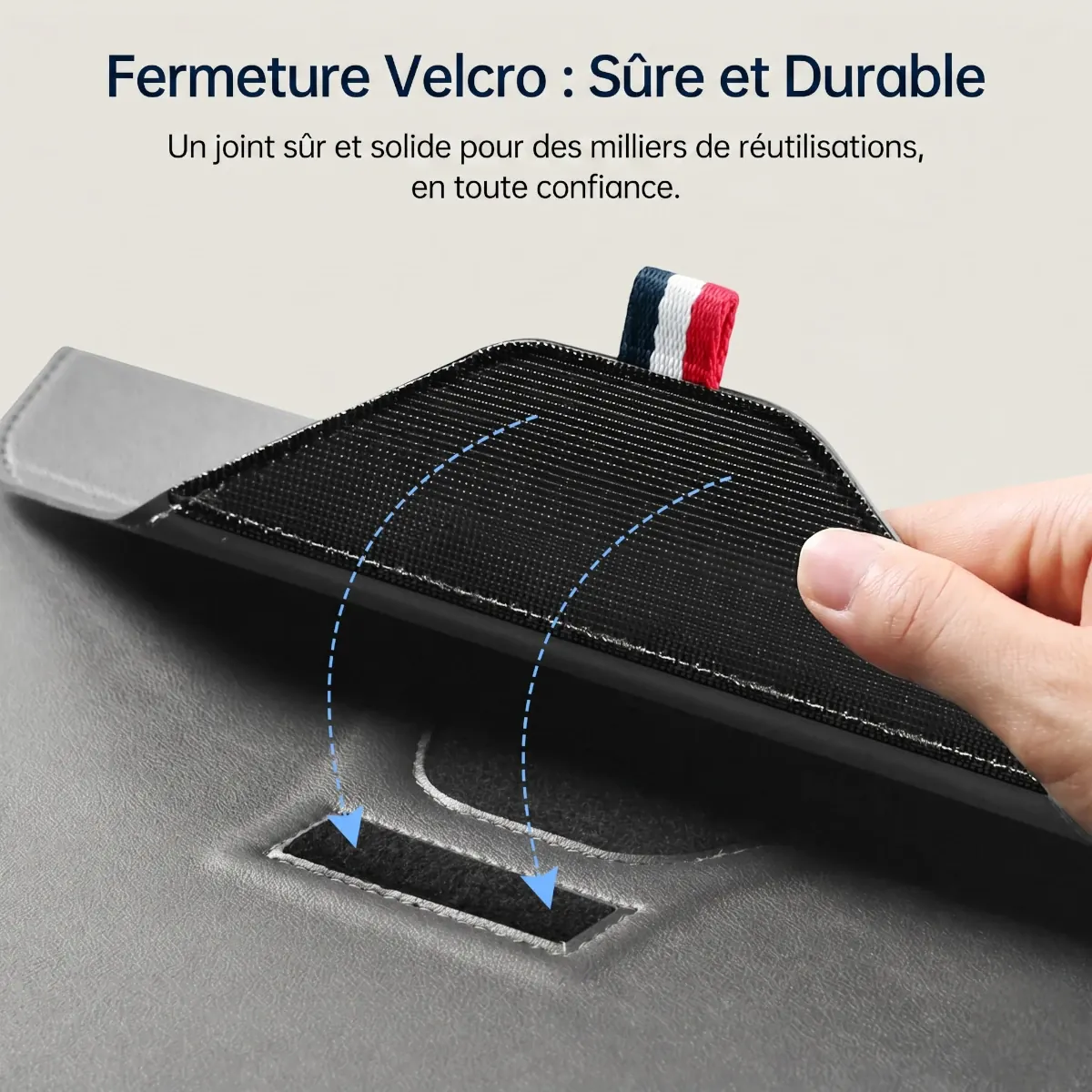 Zoom technique sur le système de fermeture velcro haute densité de la pochette protection macbook Lift.