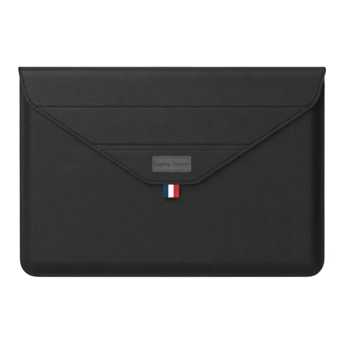 Pochette pour macbook Lift de couleur noire texturée, modèle minimaliste sur fond studio.