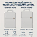 Guide des tailles de la pochette ordinateur MorphoDesk : pochette ordinateur 14 pouces et pochette pour ordinateur 15 pouces / 16 pouces.