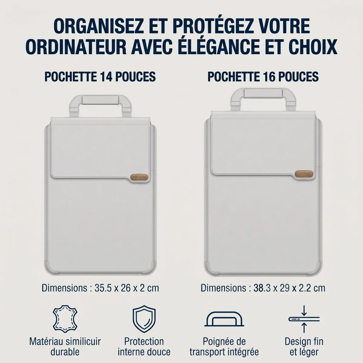 Guide des tailles de la pochette ordinateur MorphoDesk : pochette ordinateur 14 pouces et pochette pour ordinateur 15 pouces / 16 pouces.
