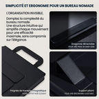 Détails techniques de la pochette ordinateur MorphoDesk avec poignée magnétique, support pliant et sacoche ordinateur minimale.