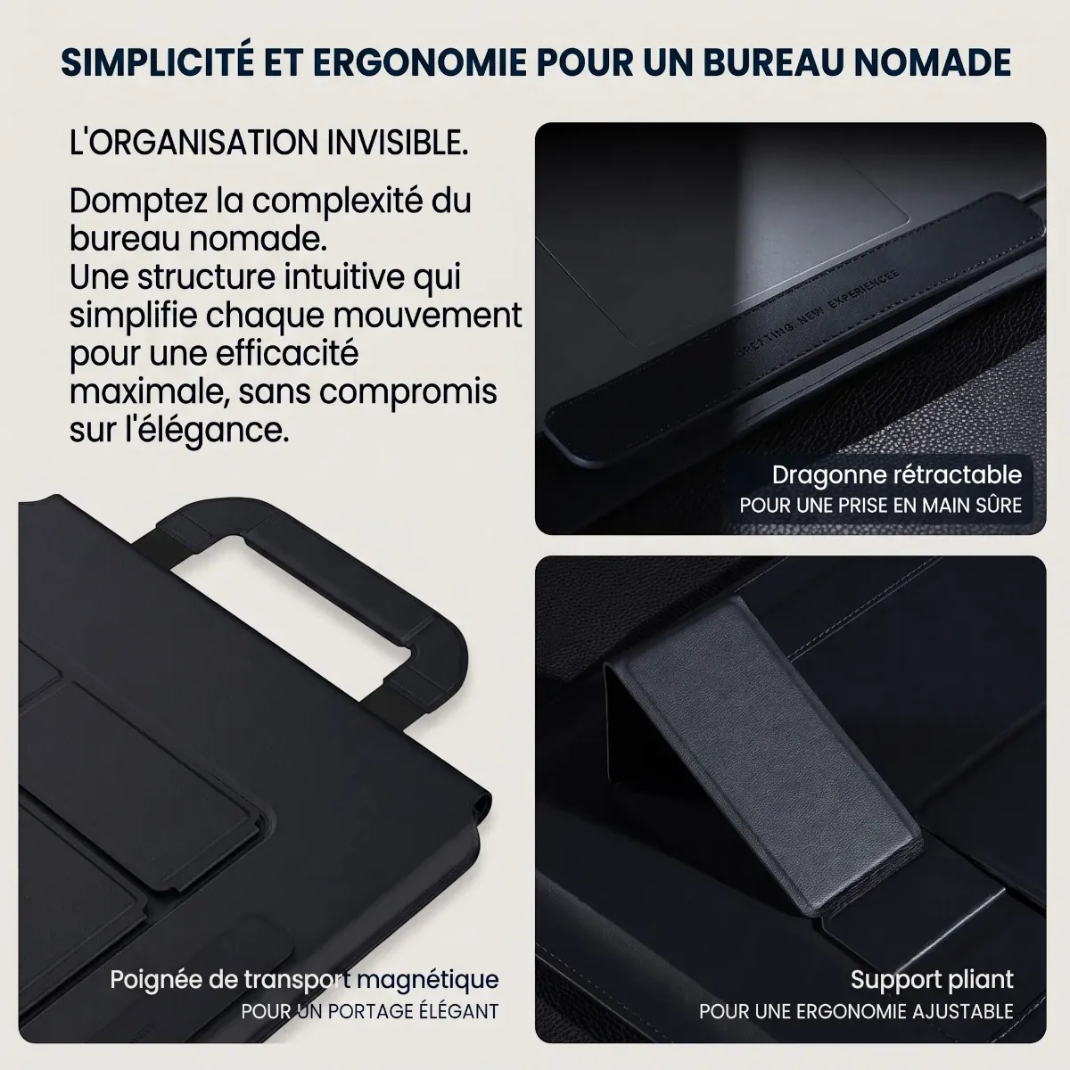 Détails techniques de la pochette ordinateur MorphoDesk avec poignée magnétique, support pliant et sacoche ordinateur minimale.