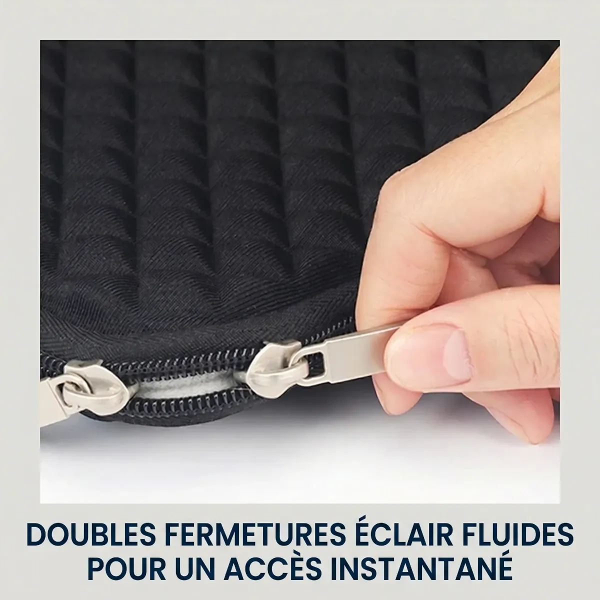 Zoom ergonomique sur la double fermeture éclair fluide de la pochette protection macbook Diamant.