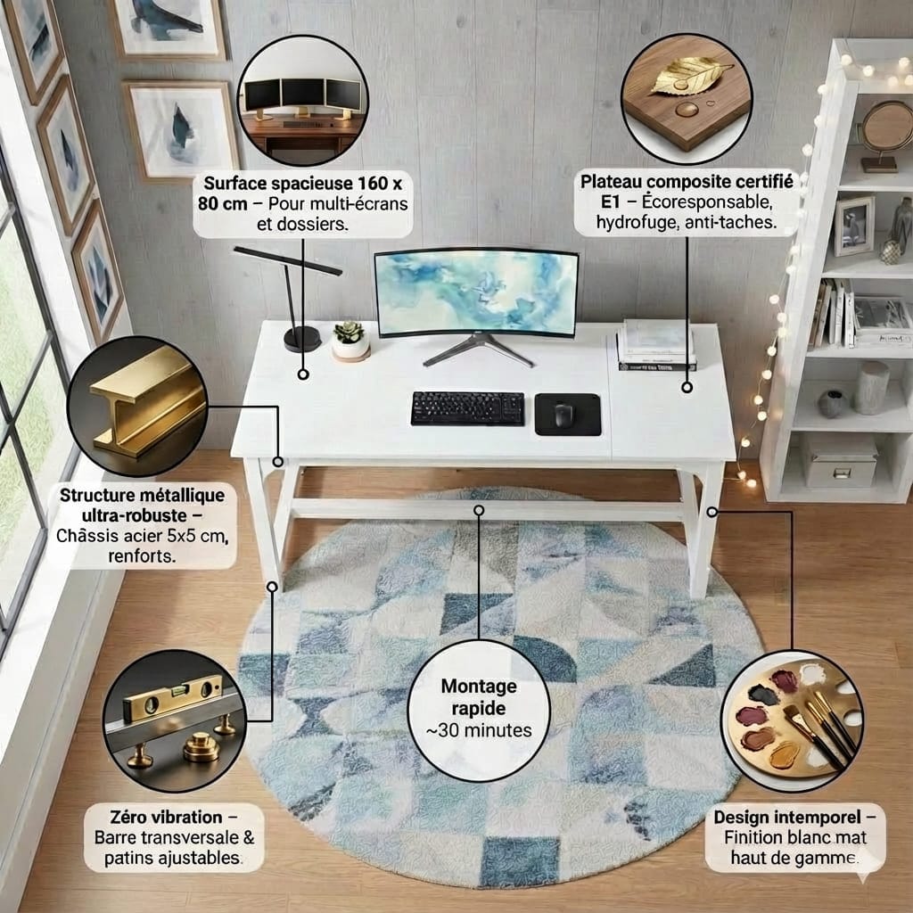 Grand bureau blanc de 160x80 cm avec structure en acier ultra-robuste, plateau certifié E1 et barre transversale anti-vibration, idéal pour le télétravail et les configurations multi-écrans.