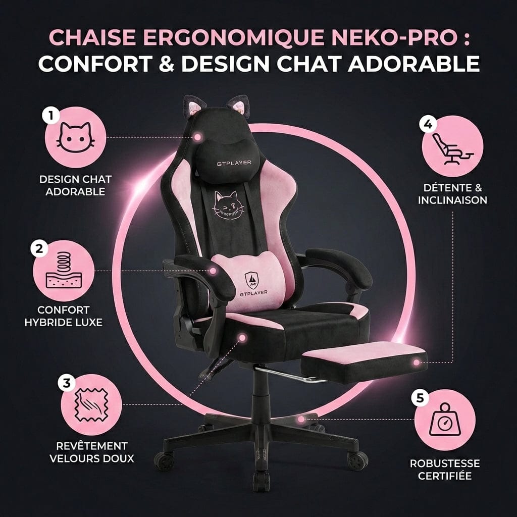 Infographie des 5 points clés de la chaise ergonomique Neko-Pro : Design Chat et Confort Luxe.
