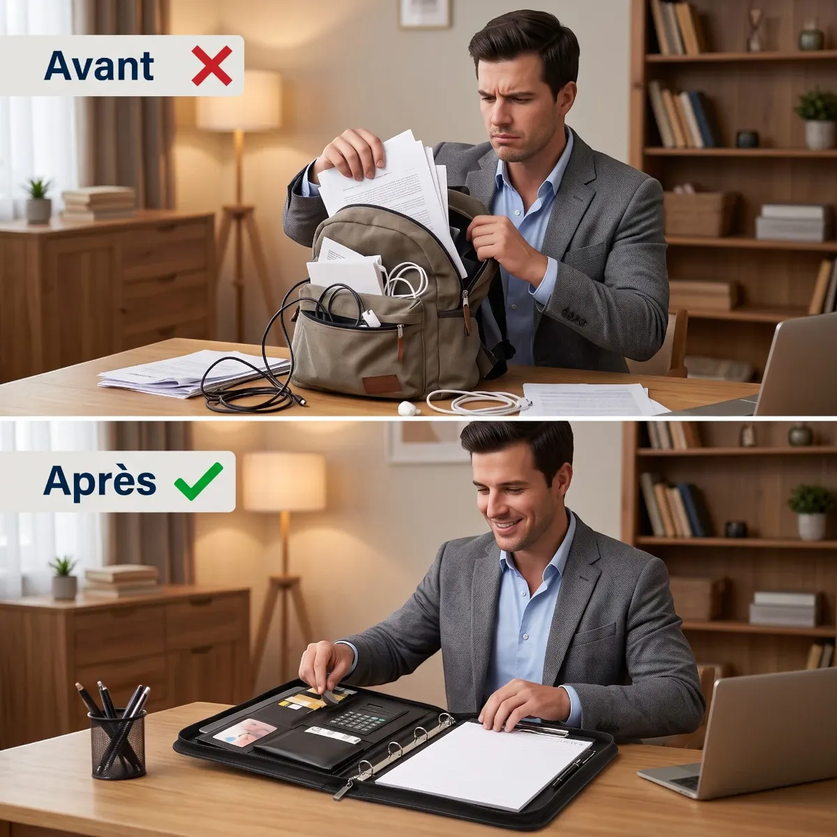 Comparatif avant et après organisation des affaires professionnelles avec le porte-documents ArcaFolio