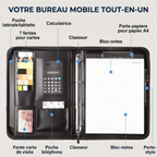 Vue intérieure du porte-documents A4 ArcaFolio avec classeur, calculatrice et housse tablette