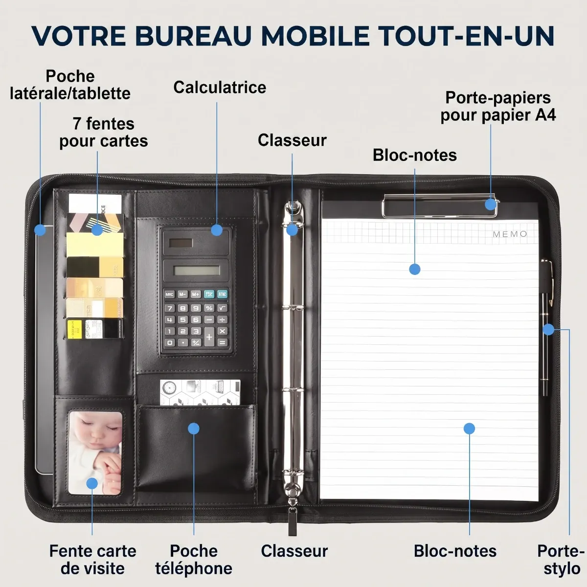 Vue intérieure du porte-documents A4 ArcaFolio avec classeur, calculatrice et housse tablette