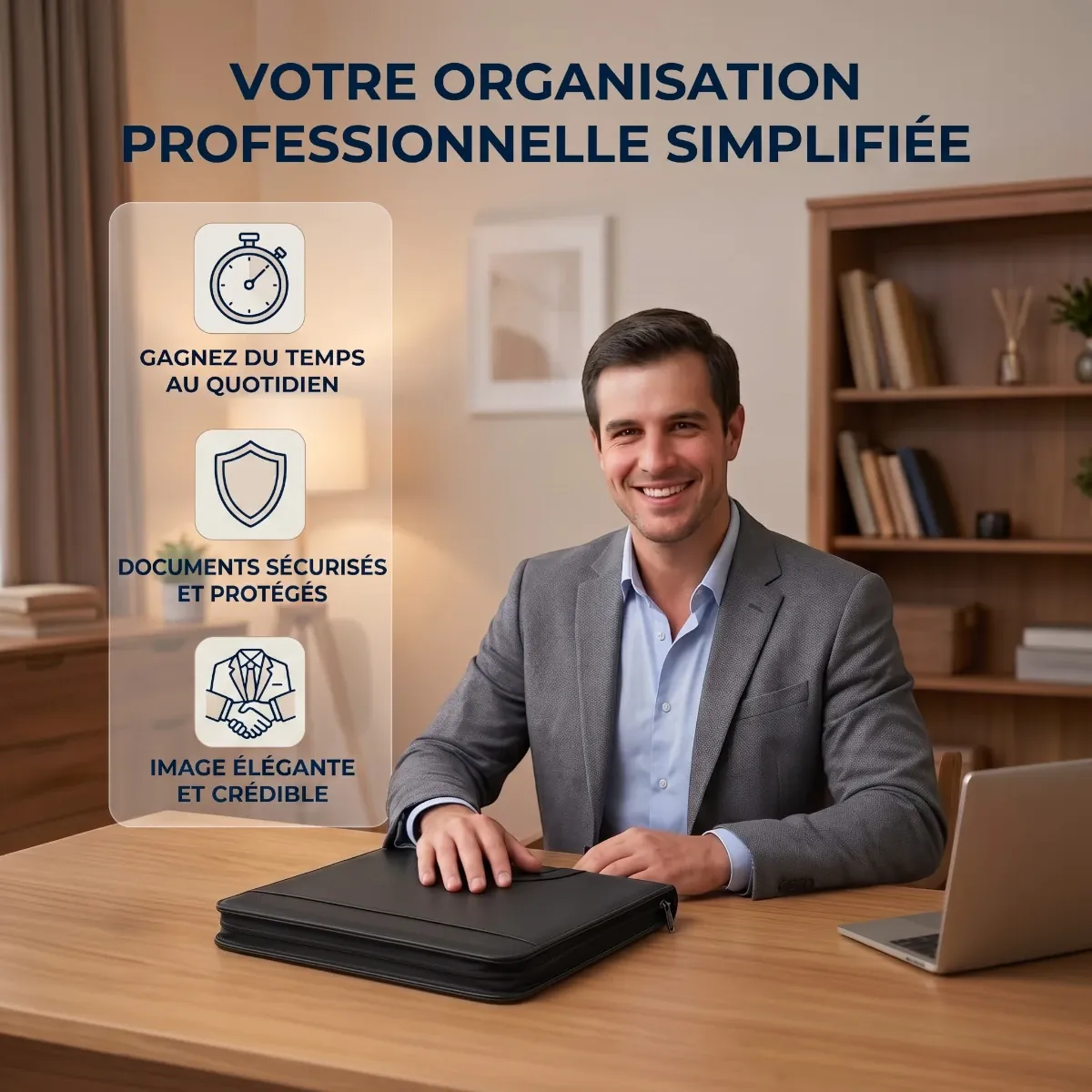 Homme d'affaires souriant avec le porte-documents ArcaFolio et ses bénéfices d'organisation
