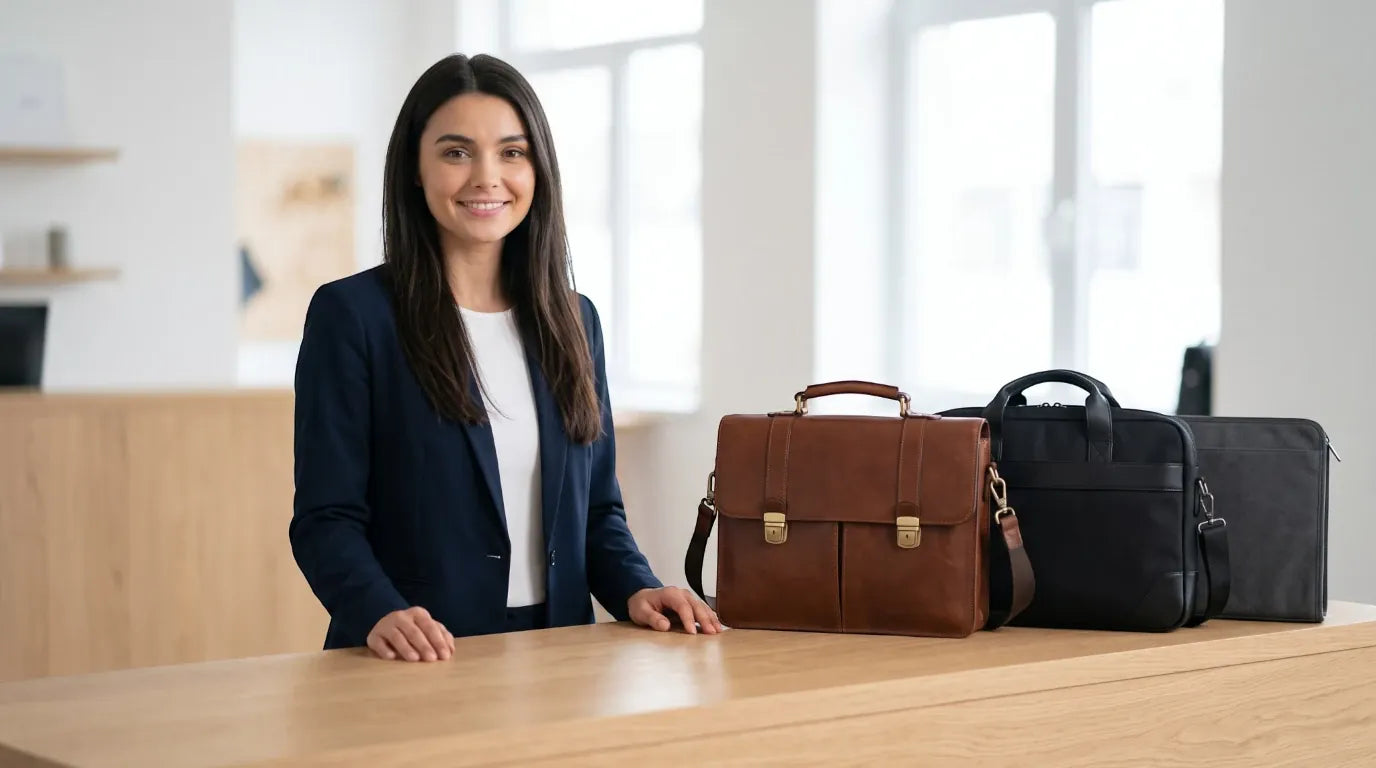 Sophie, experte en maroquinerie, présentant une sélection de porte-documents et sac ordinateur en cuir et textile sur un comptoir.