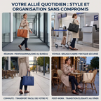 Porte documents femme Archia en situation : bureau, voyage, commute et sortie