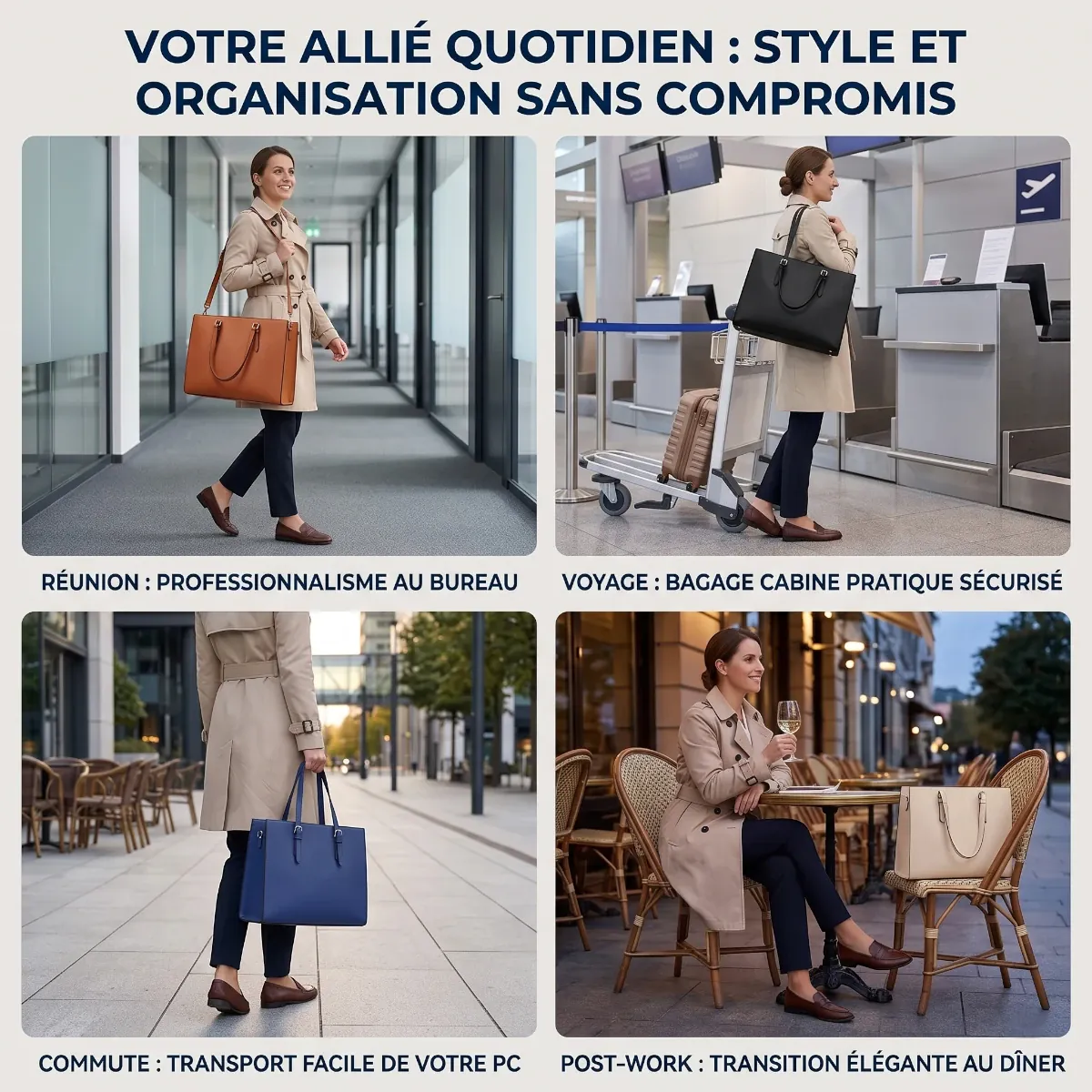 Porte documents femme Archia en situation : bureau, voyage, commute et sortie
