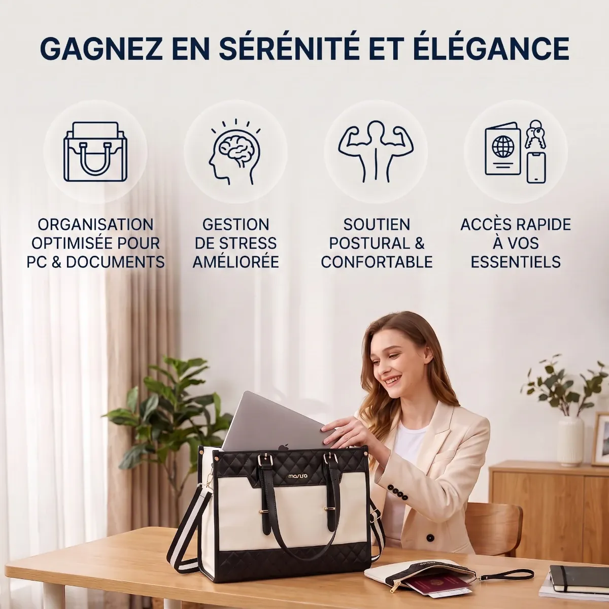 Porte documents femme Gemi - Bénéfices clients : Organisation optimisée, gestion du stress, soutien postural et accès rapide