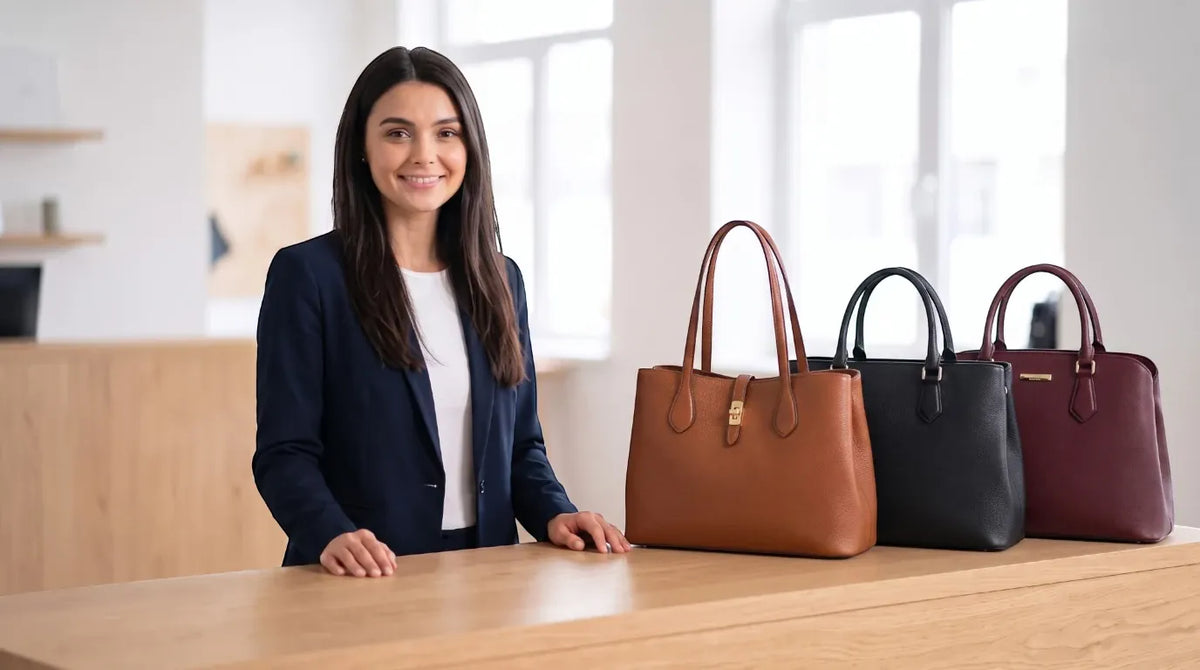 Sophie présentant une sélection de porte-documents femme en cuir élégants sur un comptoir, servant de sac ordinateur femme chic.