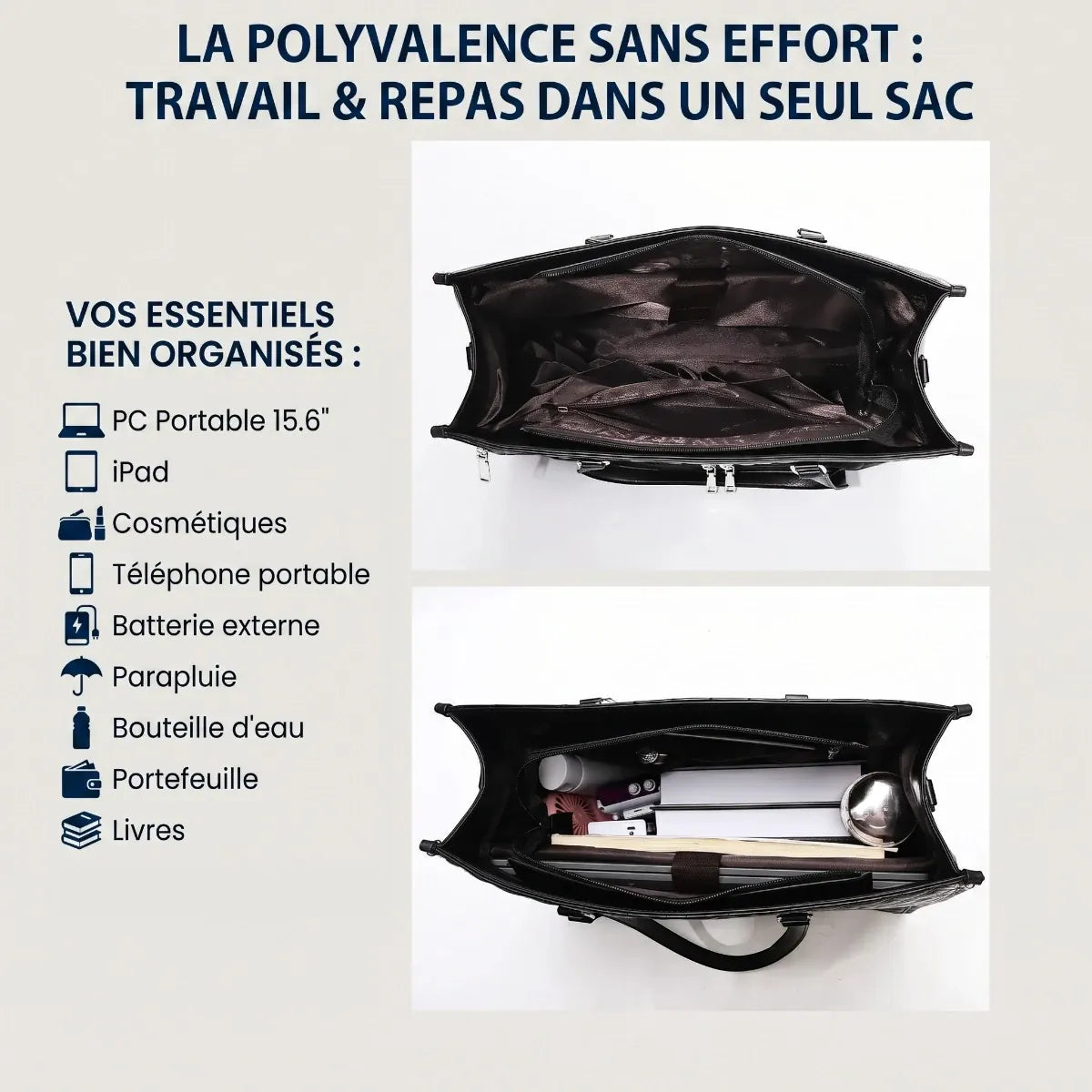 Organisation intérieure du porte-documents femme Dualia compatible  ordinateur 15.6 pouces