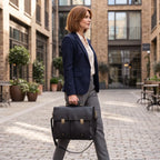 Femme active marchant avec le porte-documents femme Grainton. Une alternative chic au sac ordinateur femme et à la sacoche ordi femme classique.