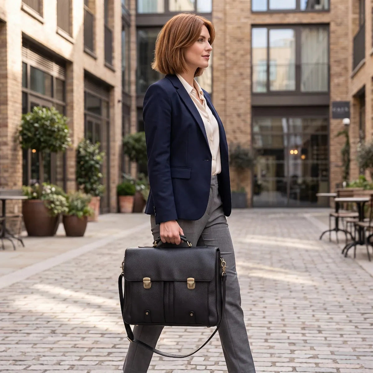 Femme active marchant avec le porte-documents femme Grainton. Une alternative chic au sac ordinateur femme et à la sacoche ordi femme classique.