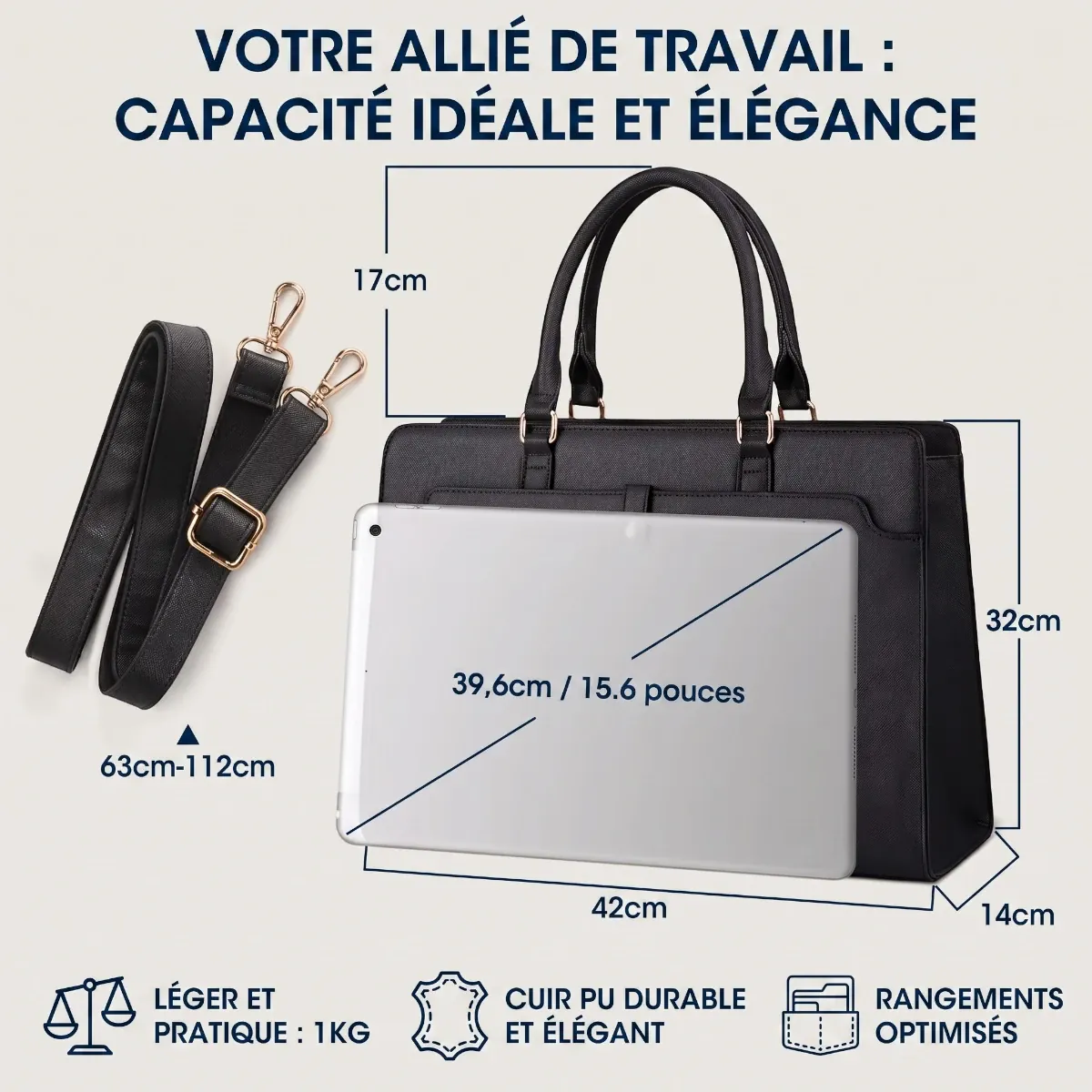 Schéma des dimensions et caractéristiques du porte documents femme Kalea