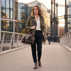 Photographie lifestyle d'une femme portant le porte-documents Bastion en cuir dans un environnement urbain moderne. Une élégante sacoche ordinateur femme ou sacoche ordi femme.