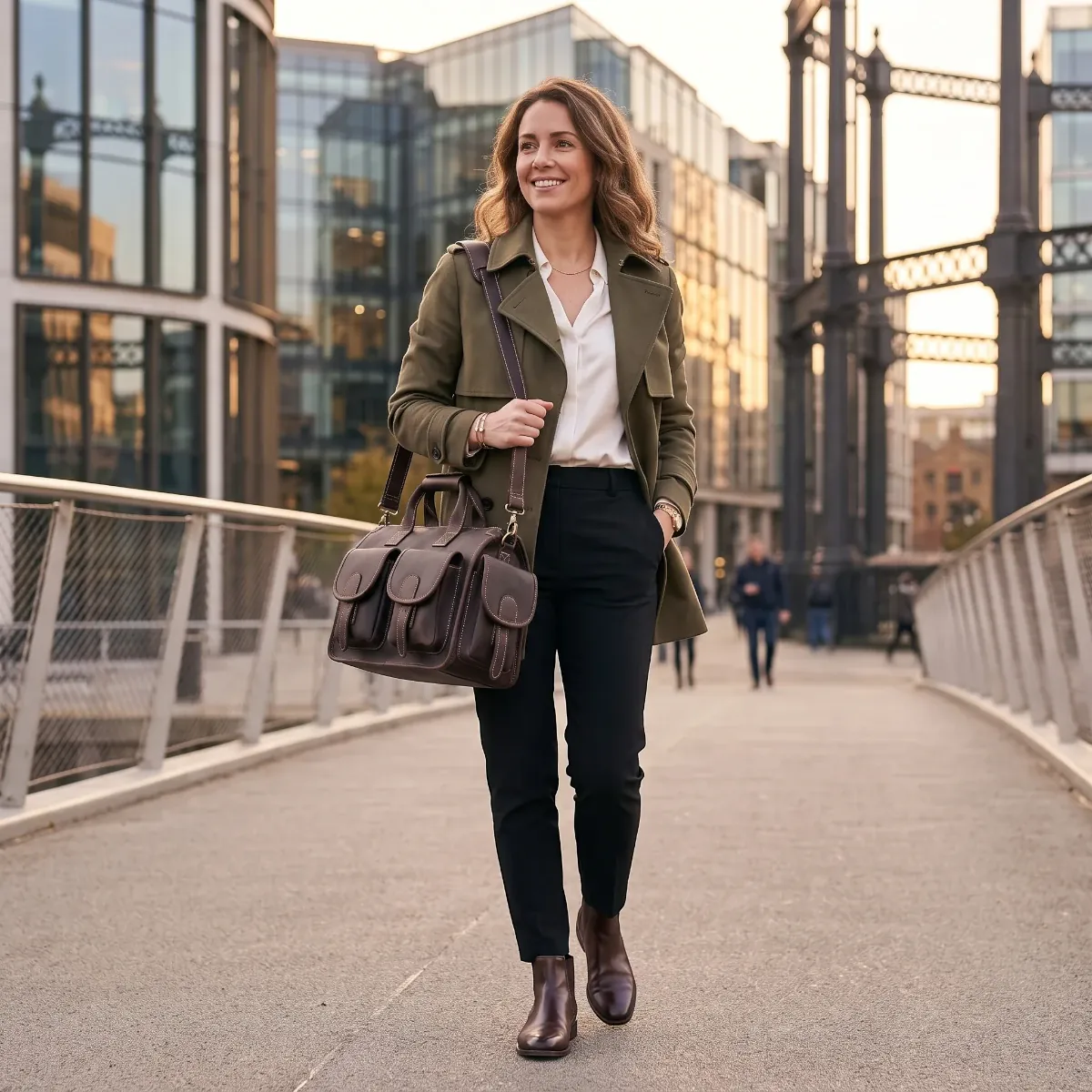 Photographie lifestyle d'une femme portant le porte-documents Bastion en cuir dans un environnement urbain moderne. Une élégante sacoche ordinateur femme ou sacoche ordi femme.