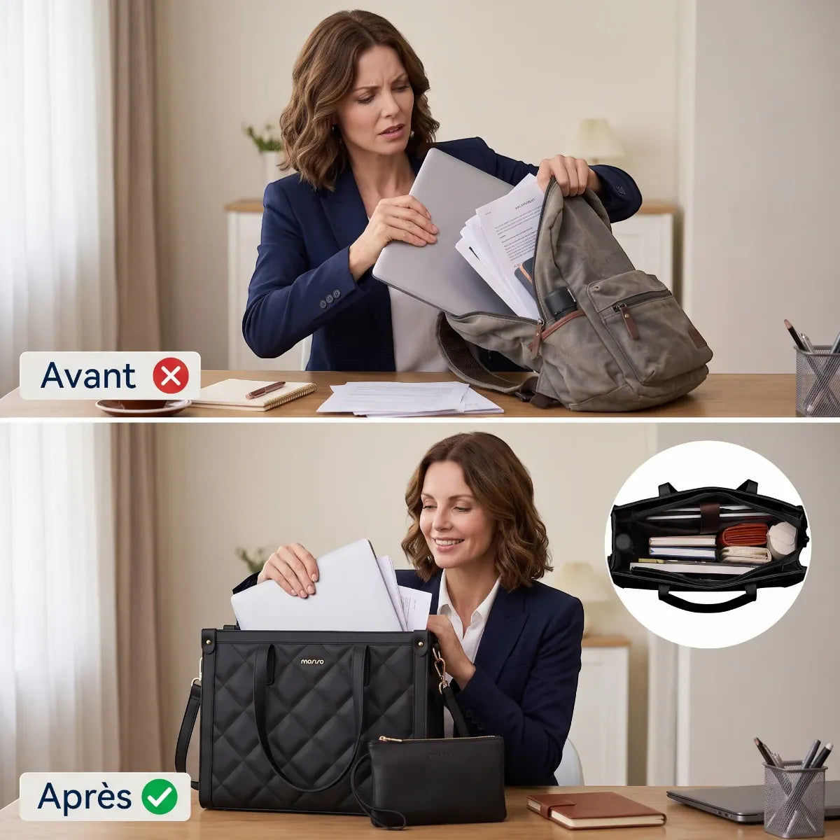Comparatif avant après entre un sac à dos encombrant et le porte documents femme Matelya