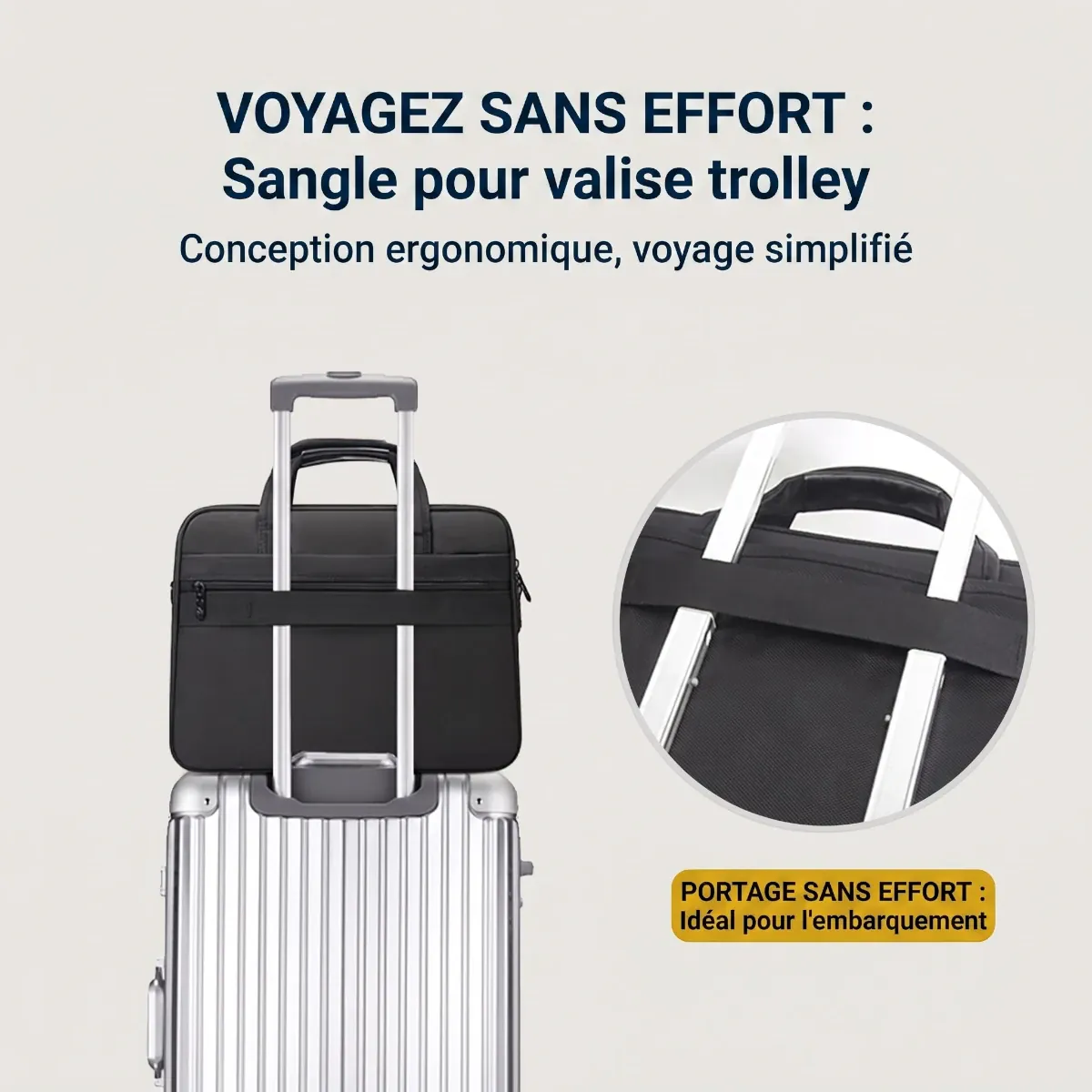 Passant pour valise du porte-documents femme FlexoMax, soulageant vos épaules mieux qu'un sac à dos ordi femme.