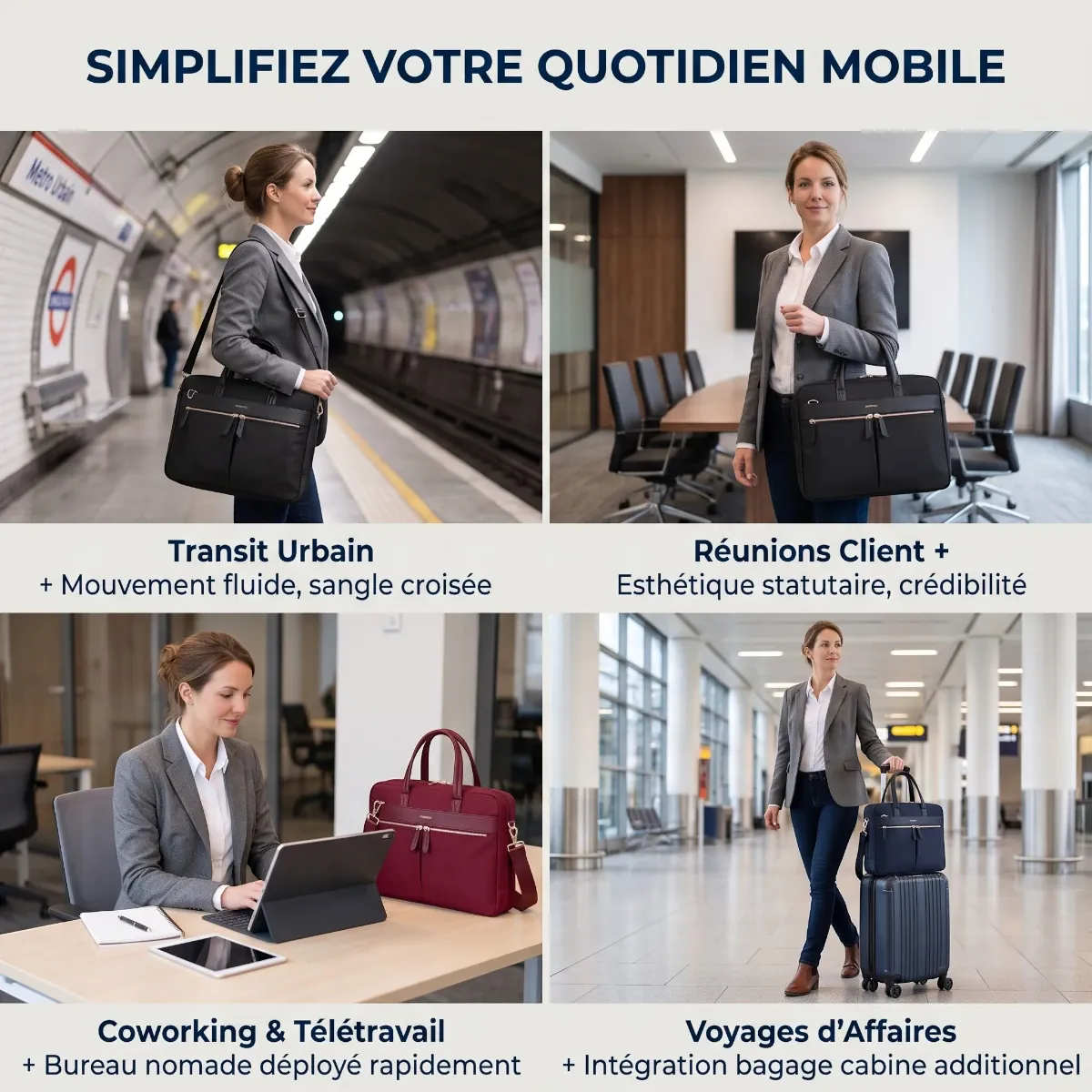 Utilisation du porte documents femme Sérénia en métro, voyage et réunion