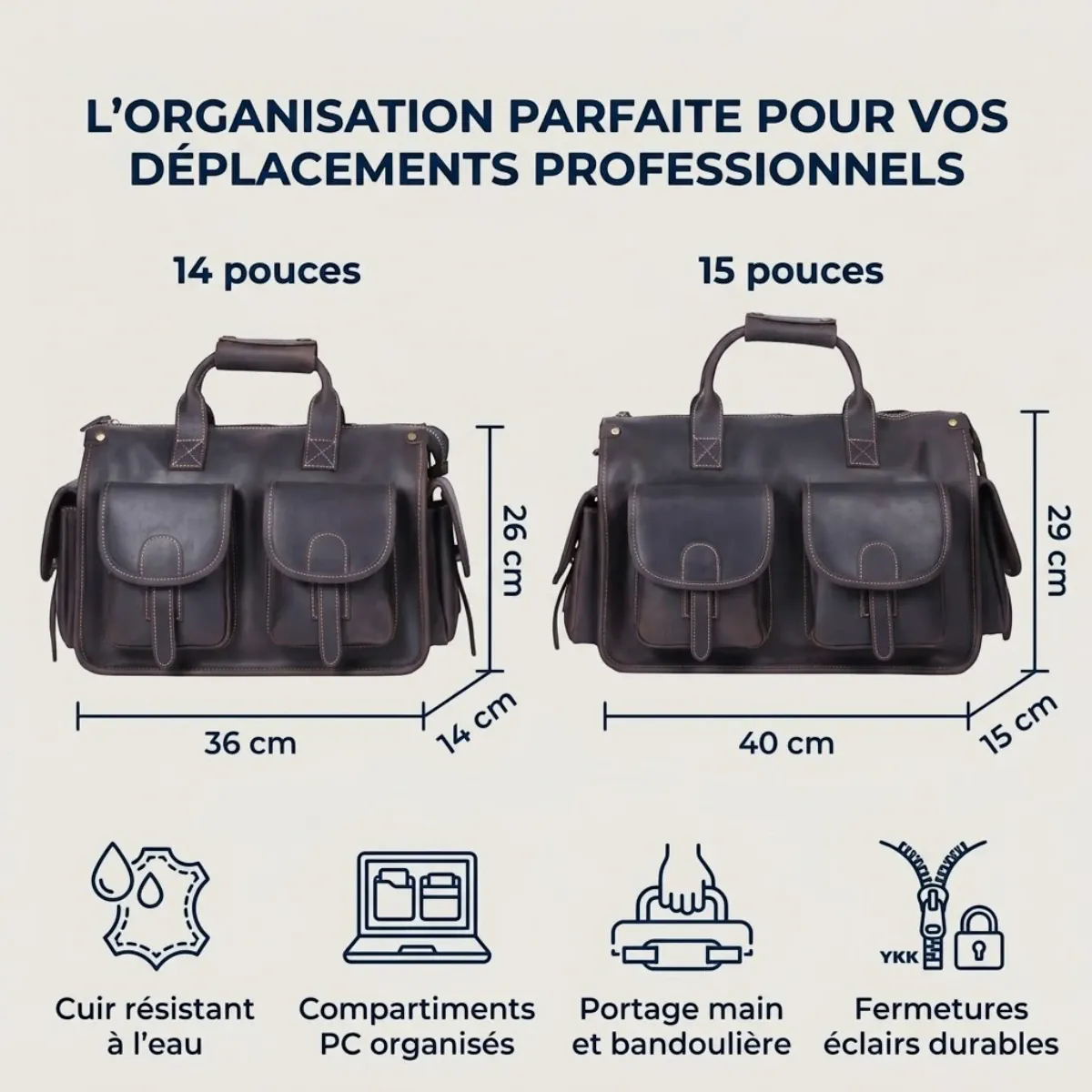 Dimensions et caractéristiques du porte-documents homme Bastion compatible PC 14 et 15 pouces.