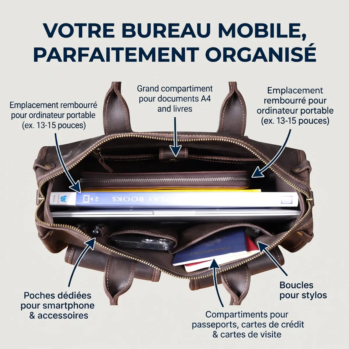 Compartiments intérieurs du porte-documents homme Bastion pour sac ordinateur et dossiers A4.