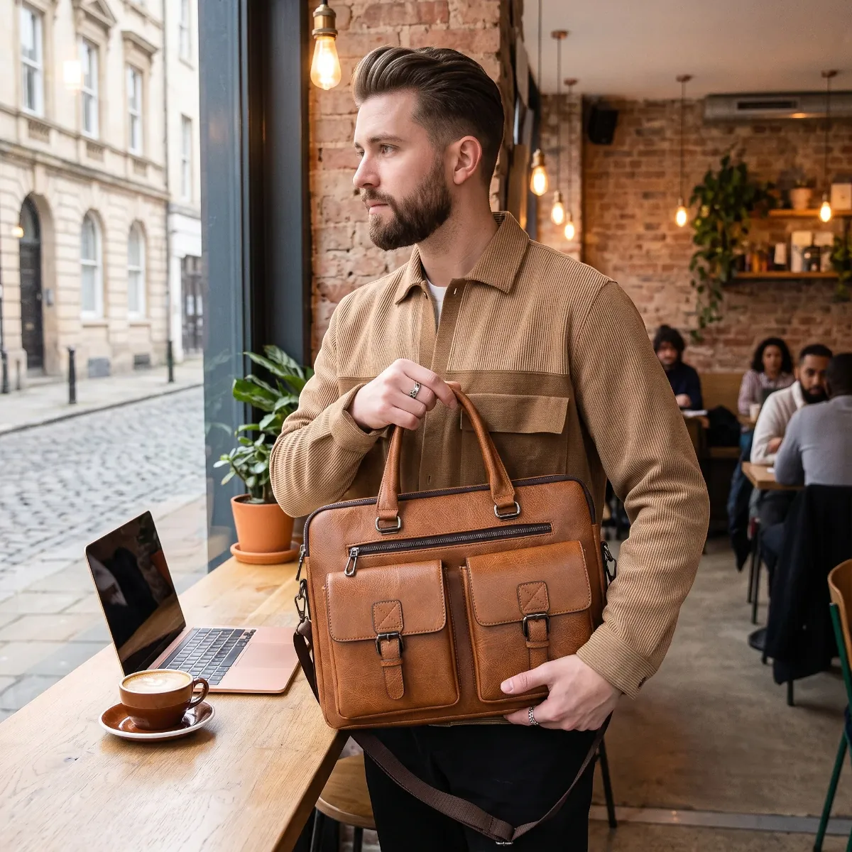 Homme tenant le porte-documents homme Bifolio marron à la hand dans un café, format mallette.