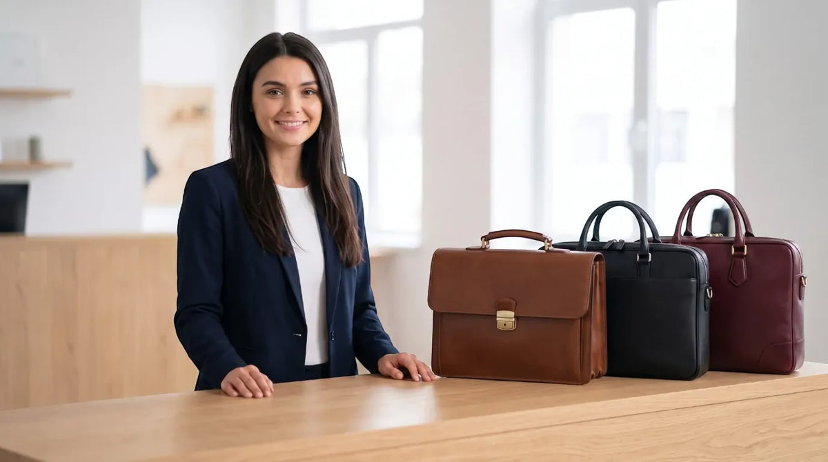 Sophie présentant une sélection de porte-documents homme en cuir sur un comptoir, servant de sac ordinateur homme élégant.