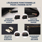 Détails des finitions de la sacoche ordi Grainton : fermetures sécurisées, coutures renforcées et fixation de la bandoulière.