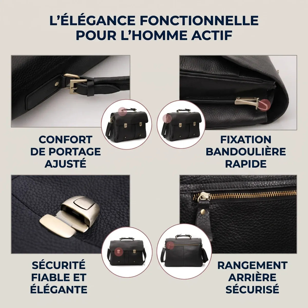 Détails des finitions de la sacoche ordi Grainton : fermetures sécurisées, coutures renforcées et fixation de la bandoulière.