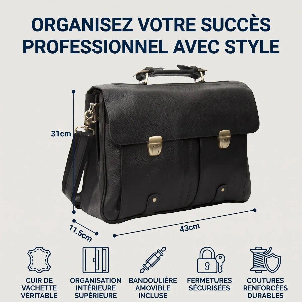 Dimensions et caractéristiques du porte-documents homme Grainton en cuir de vachette véritable avec bandoulière amovible.