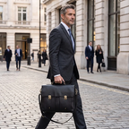 Homme d'affaires portant la sacoche ordinateur homme Grainton à la main et à l'épaule, porte-documents stylé en déplacement.