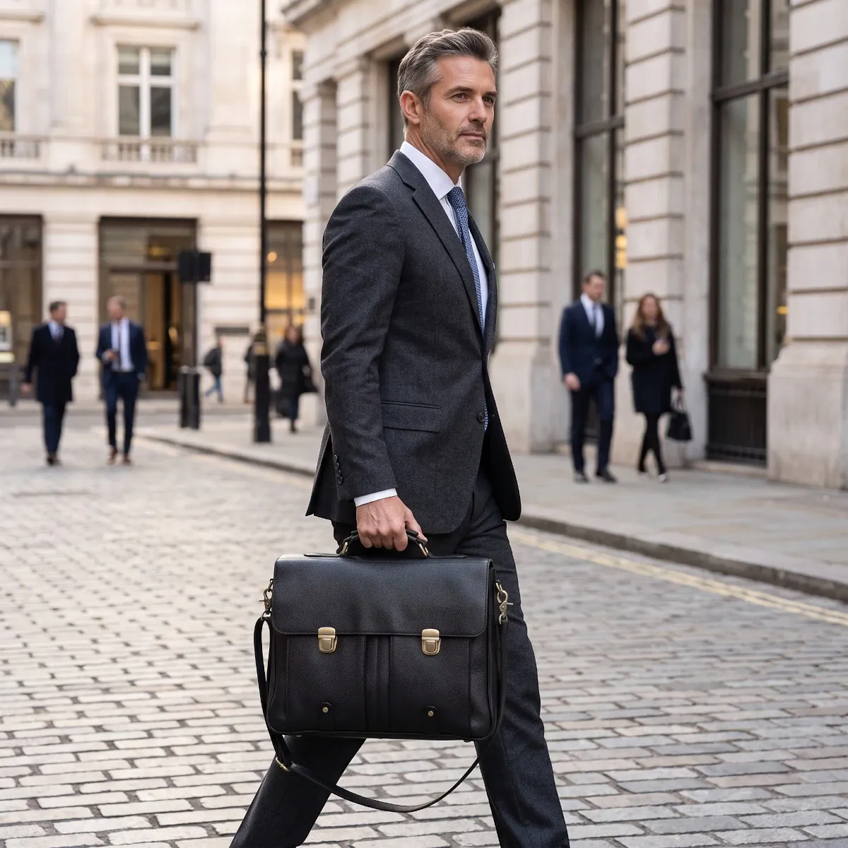 Homme d'affaires portant la sacoche ordinateur homme Grainton à la main et à l'épaule, porte-documents stylé en déplacement.