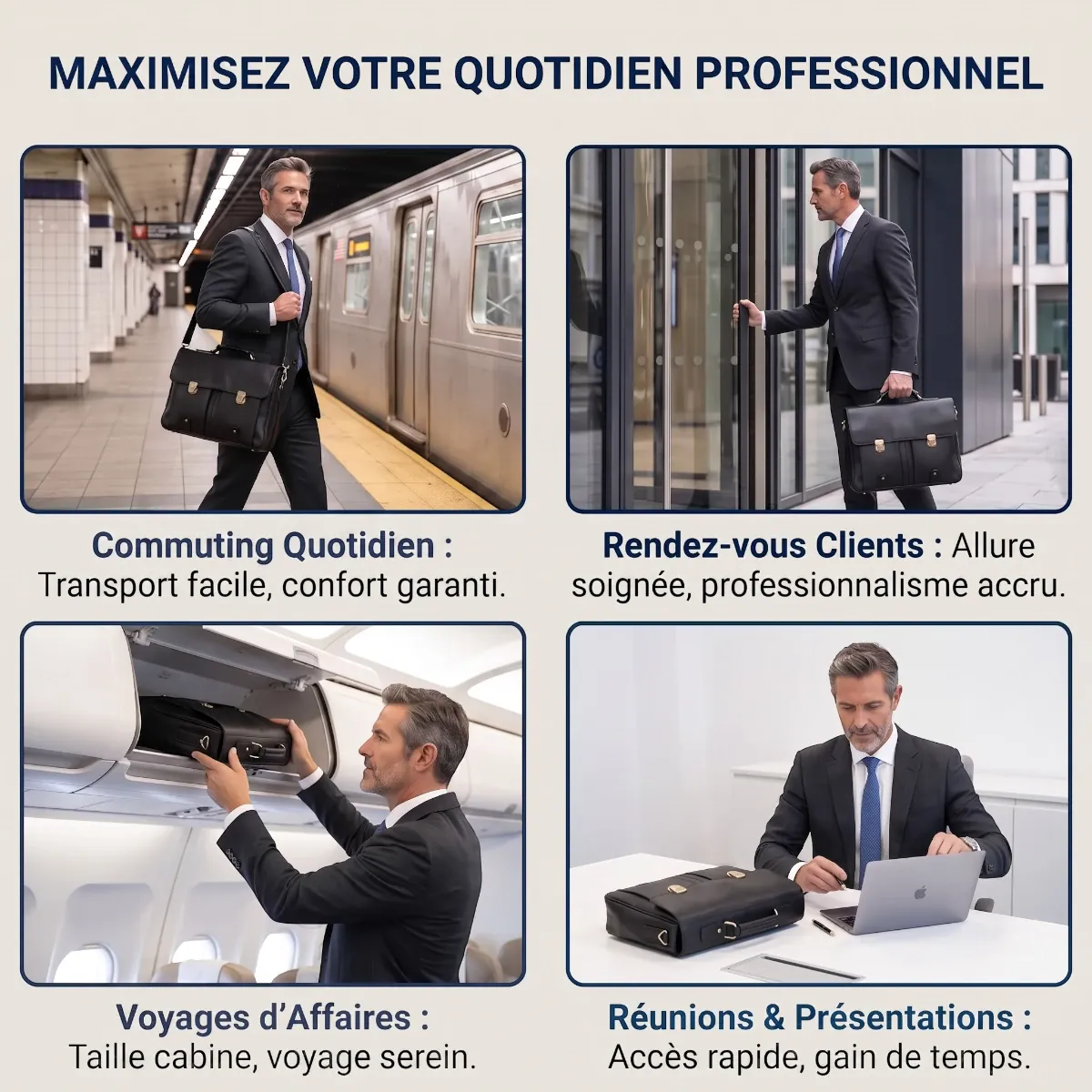 Utilisation du porte-documents pour homme Grainton en commuting, rendez-vous clients, réunions et voyages d'affaires.
