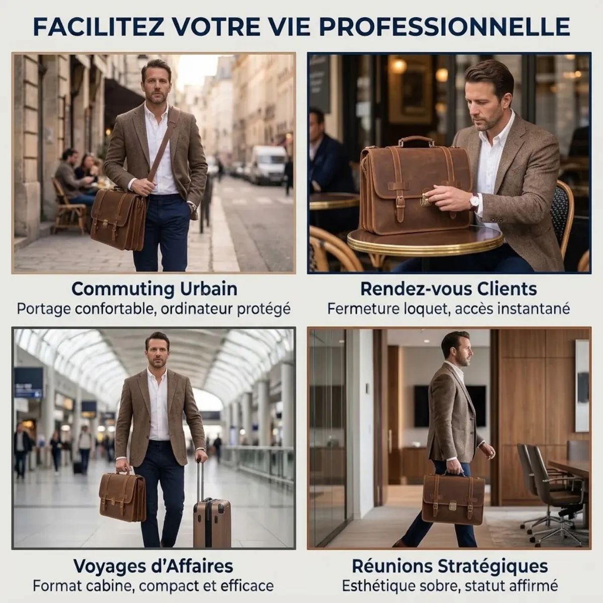 Utilisation polyvalente du porte-documents homme TriVault comme sacoche ordinateur homme pour les réunions et voyages.