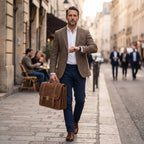 Homme d'affaires portant la sacoche de travail et porte-documents homme TriVault en cuir lors de ses déplacements.