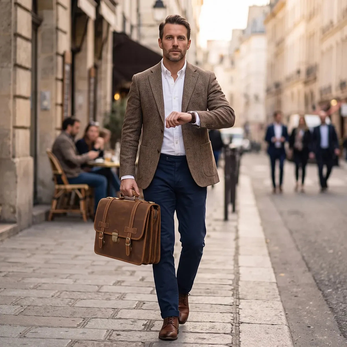 Homme d'affaires portant la sacoche de travail et porte-documents homme TriVault en cuir lors de ses déplacements.
