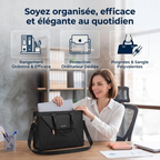 Femme souriante au bureau rangeant son laptop dans le porte documents ordinateur Envolia