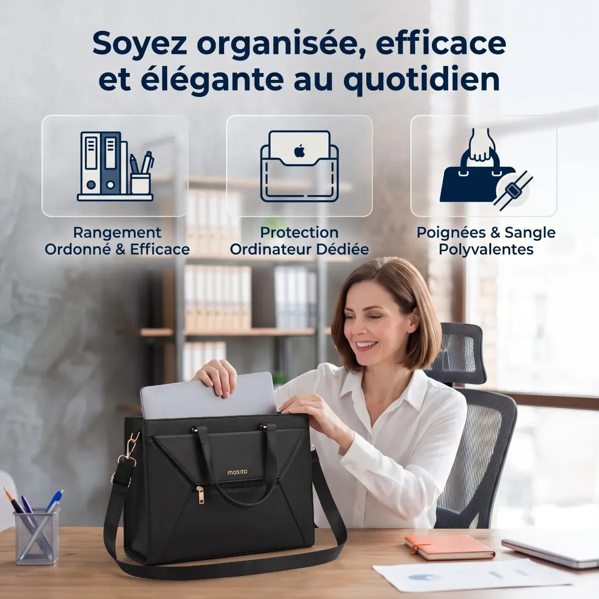 Femme souriante au bureau rangeant son laptop dans le porte documents ordinateur Envolia