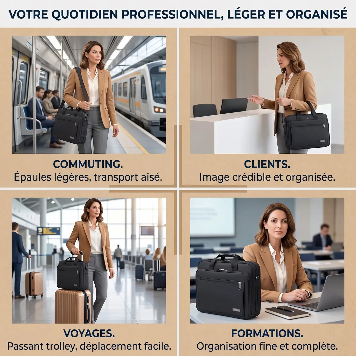 Les 4 usages du porte-documents FlexoMax au quotidien, la sacoche ordinateur femme parfaite pour le commuting.