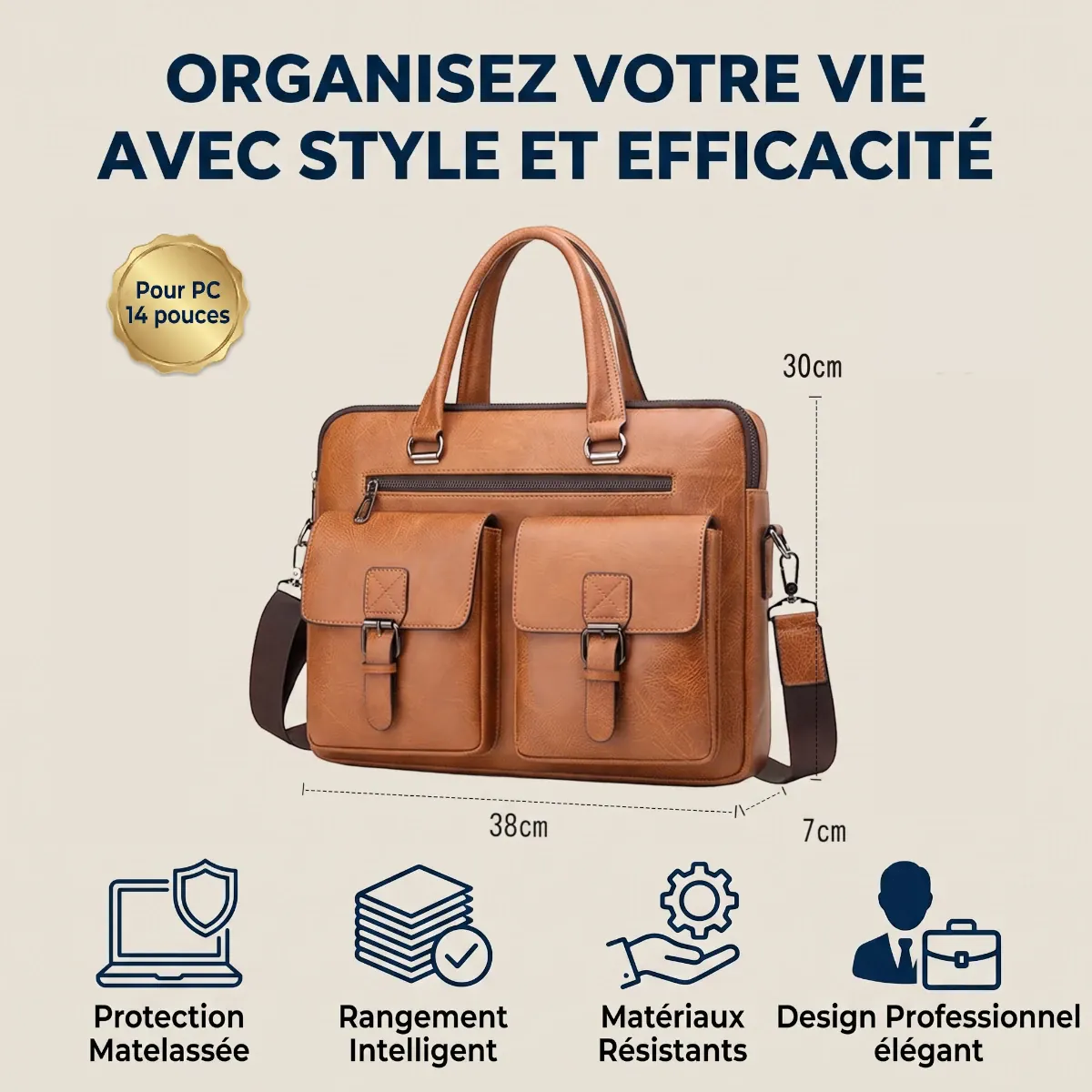 Dimensions (38x30x7cm) et spécifications techniques du porte-ordinateur Bifolio pour PC 14 pouces.