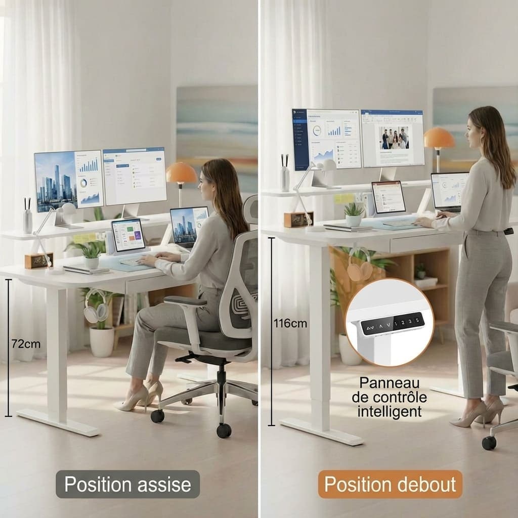 Comparatif des positions de travail : hauteur 72 cm (assis) et 116 cm (debout) avec panneau de contrôle à 3 mémoires.