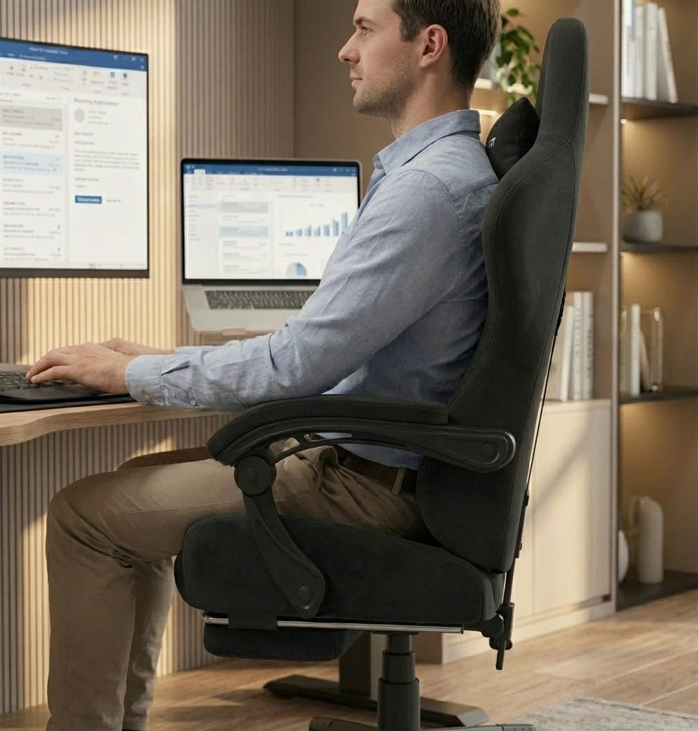 Vue de profil montrant la posture saine et le soutien du dos sur la chaise de bureau GTPLAYER.