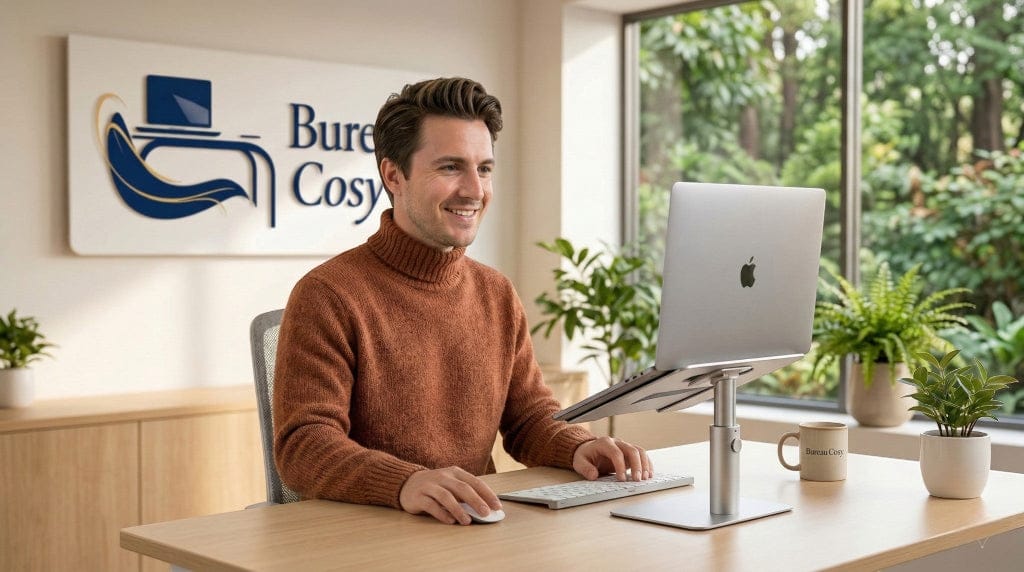 Thomas l'expert ergonomie de Bureau Cosy travaillant avec une posture droite grâce à un support d'ordinateur portable ajustable dans un bureau lumineux et moderne.